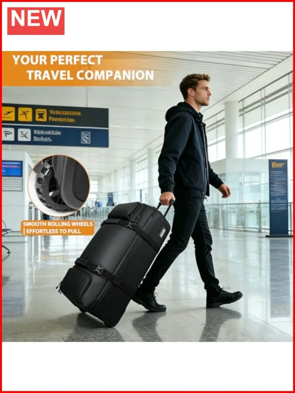 100L Extra Large Rolling Duffle Bag with Wheels, Wet Pocket & Shoe Compartment,